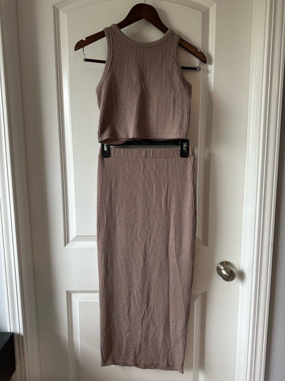 Ribbed Knit Two-Piece Maxi Skirt and Crop Top Set in Taupe